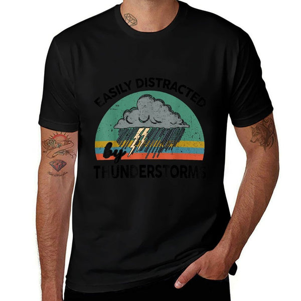 Storm Chaser Love Saying Funny Easily Distracted By Thunderstorms Meteorologist Lover Unisex-Adults Grey Modern Letter Print T B  Ribbed Collar T-Shirt