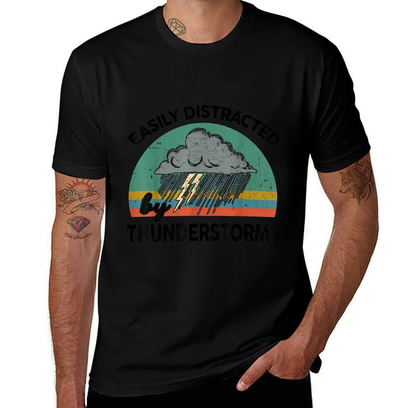 Storm Chaser Love Saying Funny Easily Distracted By Thunderstorms Meteorologist Lover Unisex-Adults Grey Modern Letter Print T B  Ribbed Collar T-Shirt