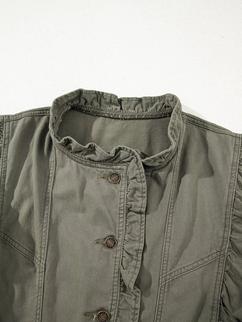 Ruffled Patchwork Denim Jacket Vest