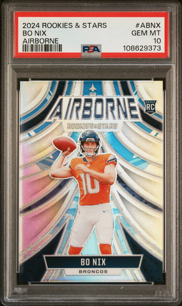 Graded 2024 Panini Rookies & Stars Bo Nix #ABNX Airborne Rookie RC Football Card PSA 10 Gem Mint