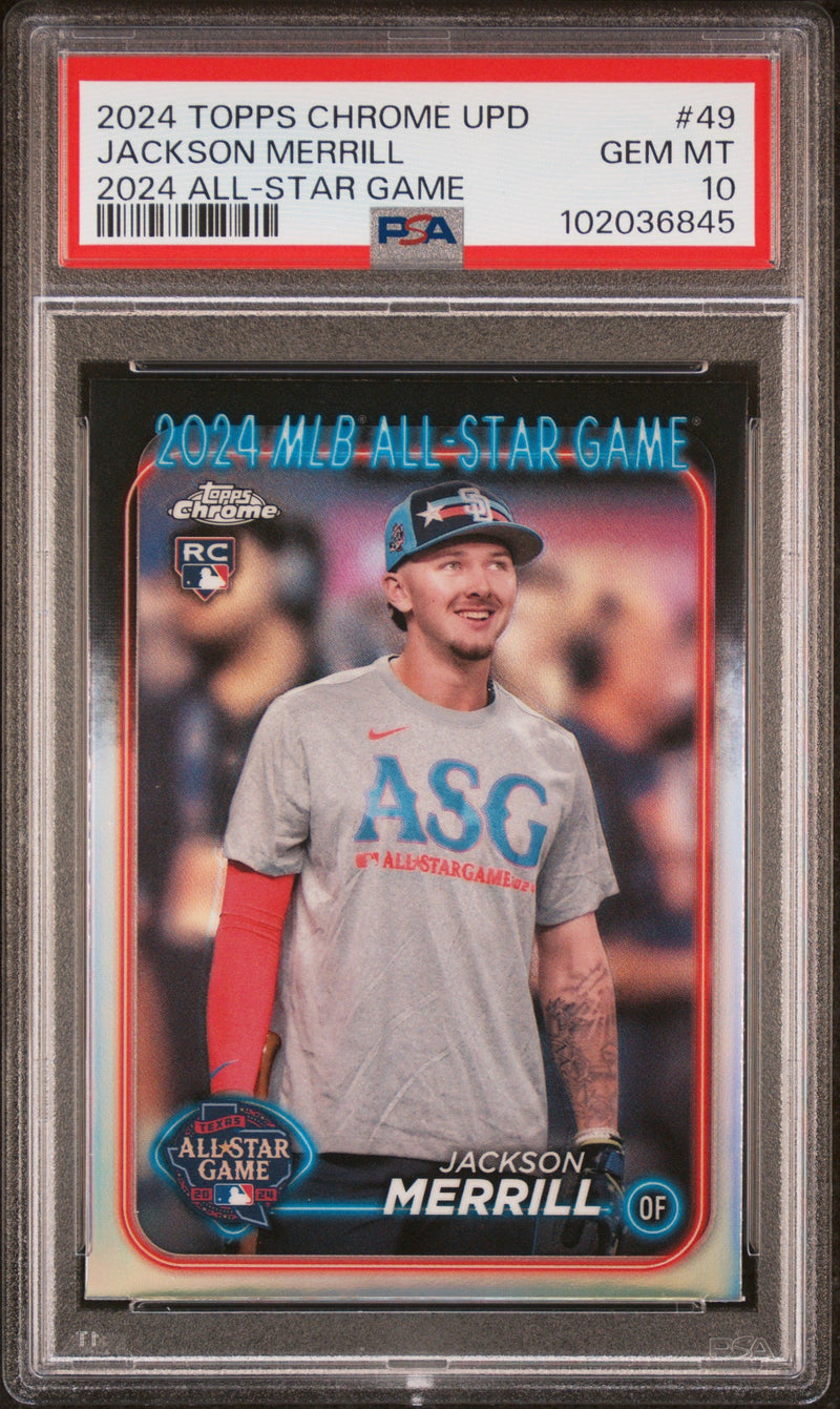 Graded 2024 Topps Chrome Update Jackson Merrill #49 2024 All Star Game Rookie RC Baseball Card PSA 10 Gem Mint