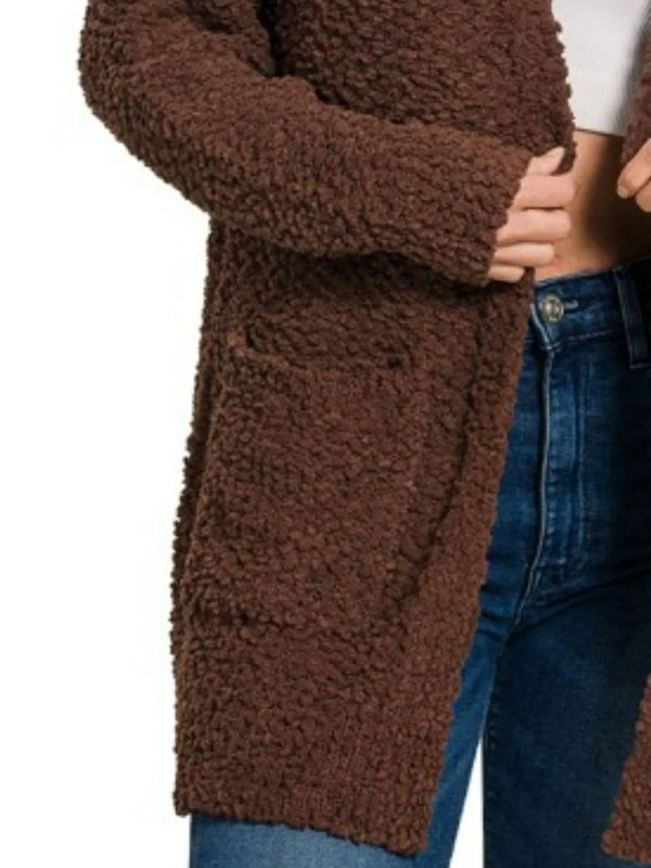 Zenana Long Sleeve Popcorn Sweater Cardigan with Pockets