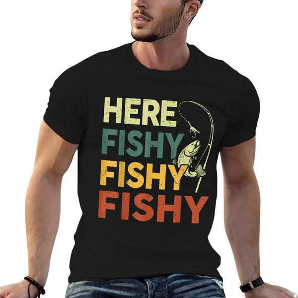 Men Here-Fishy Bass Fishing-Shirt Boy Funny Fisherman Dad  Summer-ready Fabric T-Shirt