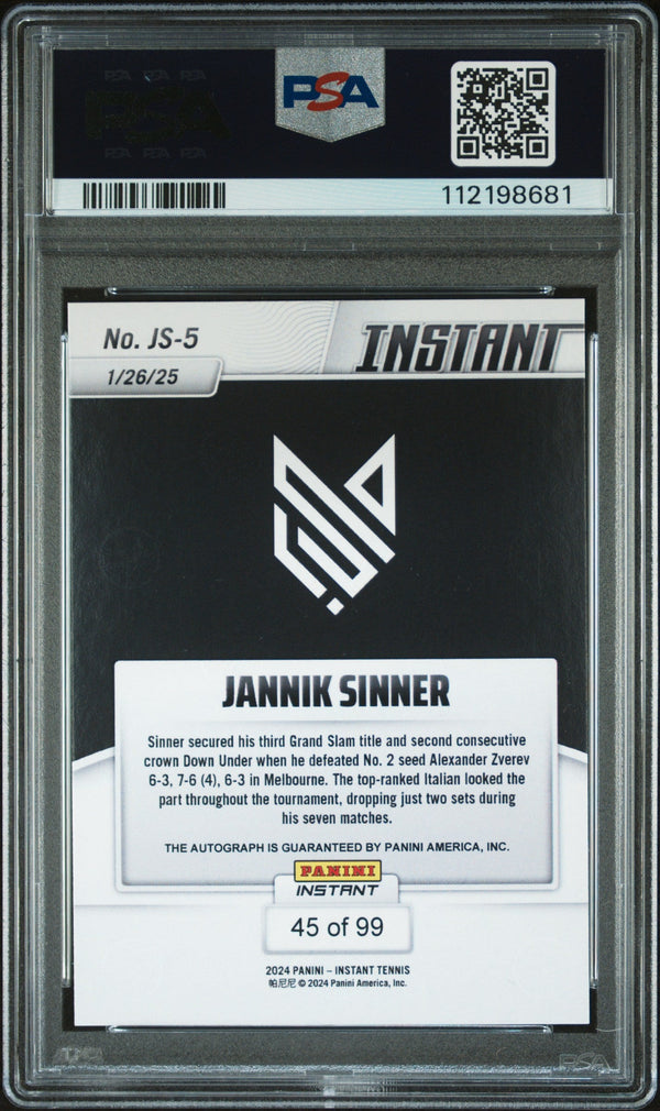 Graded 2024 Panini Instant Jannik Sinner #JS5 Autograph /99 Rookie RC Tennis Card PSA 9 Mint Auto Grade PSA 10 Gem Mint