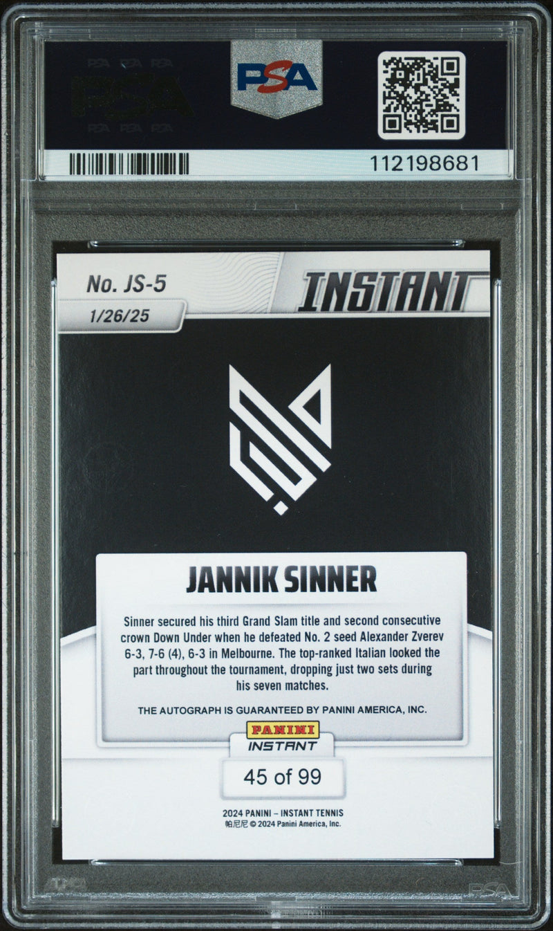 Graded 2024 Panini Instant Jannik Sinner #JS5 Autograph /99 Rookie RC Tennis Card PSA 9 Mint Auto Grade PSA 10 Gem Mint