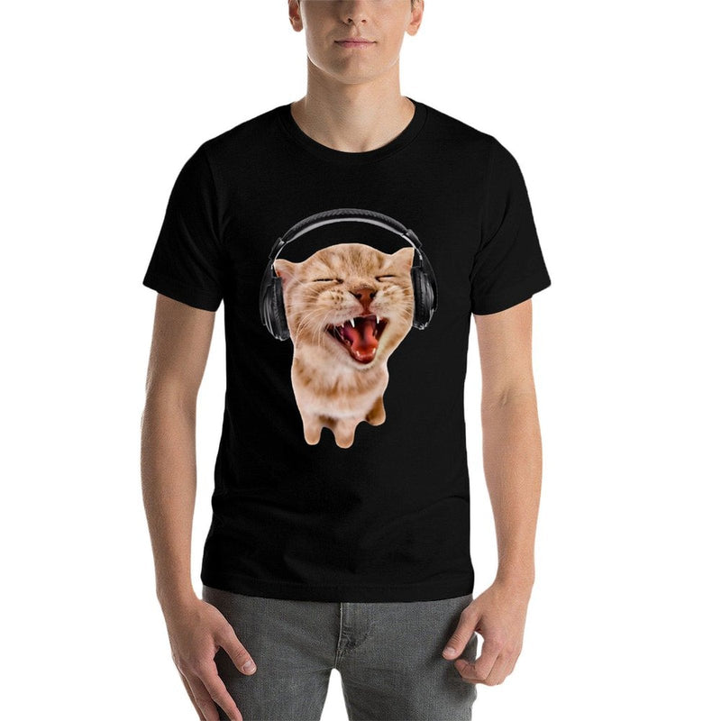 Silly Cat With Headphones  High-quality Stitching T-Shirt
