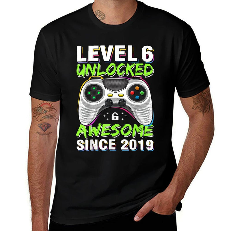 Level 6 Unlocked Awesome Since 2019 6th Birthday Gaming Boys  Trendy Pattern T-Shirt