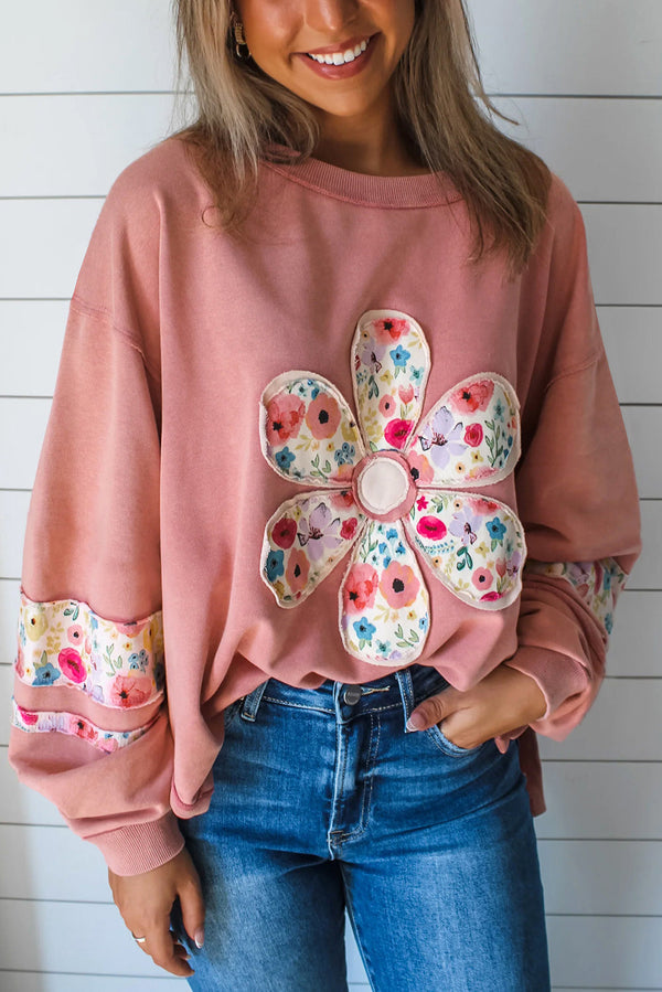 Peach Blossom Flower Applique Patchwork Drop Sleeve Pullover Sweatshirt