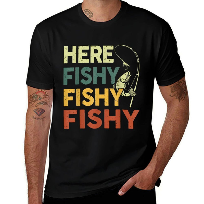 Men Here-Fishy Bass Fishing-Shirt Boy Funny Fisherman Dad  Summer-ready Fabric T-Shirt