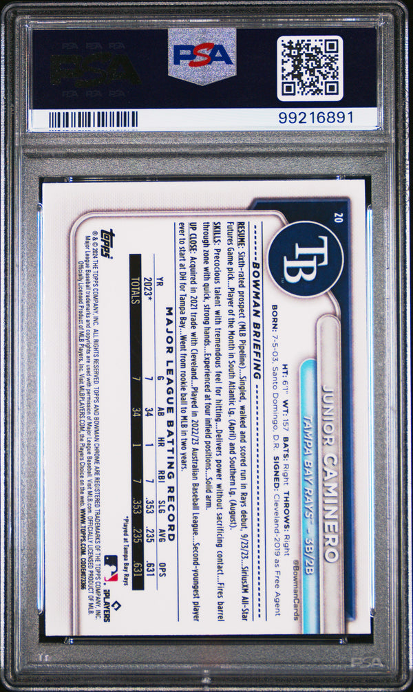Graded 2024 Topps Bowman Mega Box Junior Caminero #20 Chrome Rookie RC Baseball Card PSA 10 Gem Mint