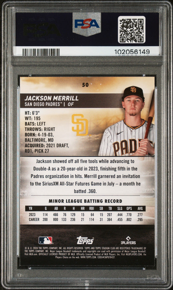Graded 2024 Topps Stadium Club Jackson Merrill #50 Rookie RC Baseball Card PSA 10 Gem Mint