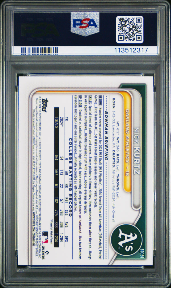 Graded 2024 Topps Bowman Draft Nick Kurtz #BDC56 Chrome Rookie RC Baseball Card PSA 10 Gem Mint