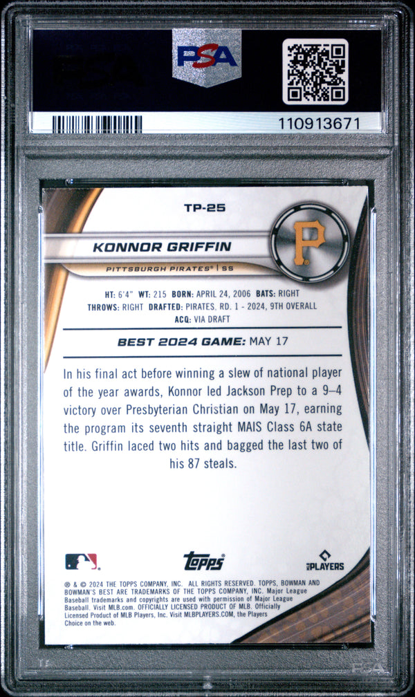 Graded 2024 Topps Bowmans Best Konnor Griffin #TP25 Top Prospects Wave Rookie RC Baseball Card PSA 10 Gem Mint