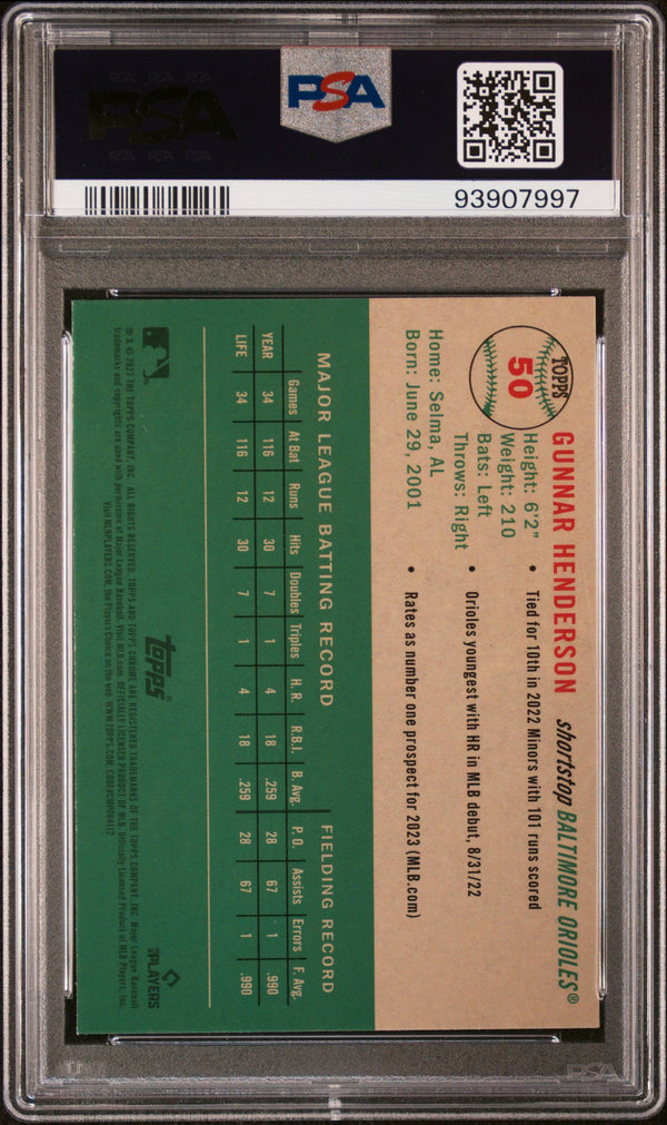 Graded 2023 Topps Platinum Anniversary Gunnar Henderson #50 Rookie RC Baseball Card PSA 10 Gem Mint