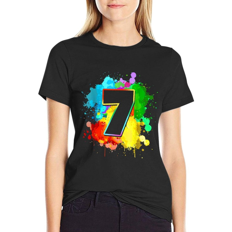 7th Birthday Colorful Paint Splashes 7 Year Old Tie Dye Bday  Trendy Pattern T-Shirt