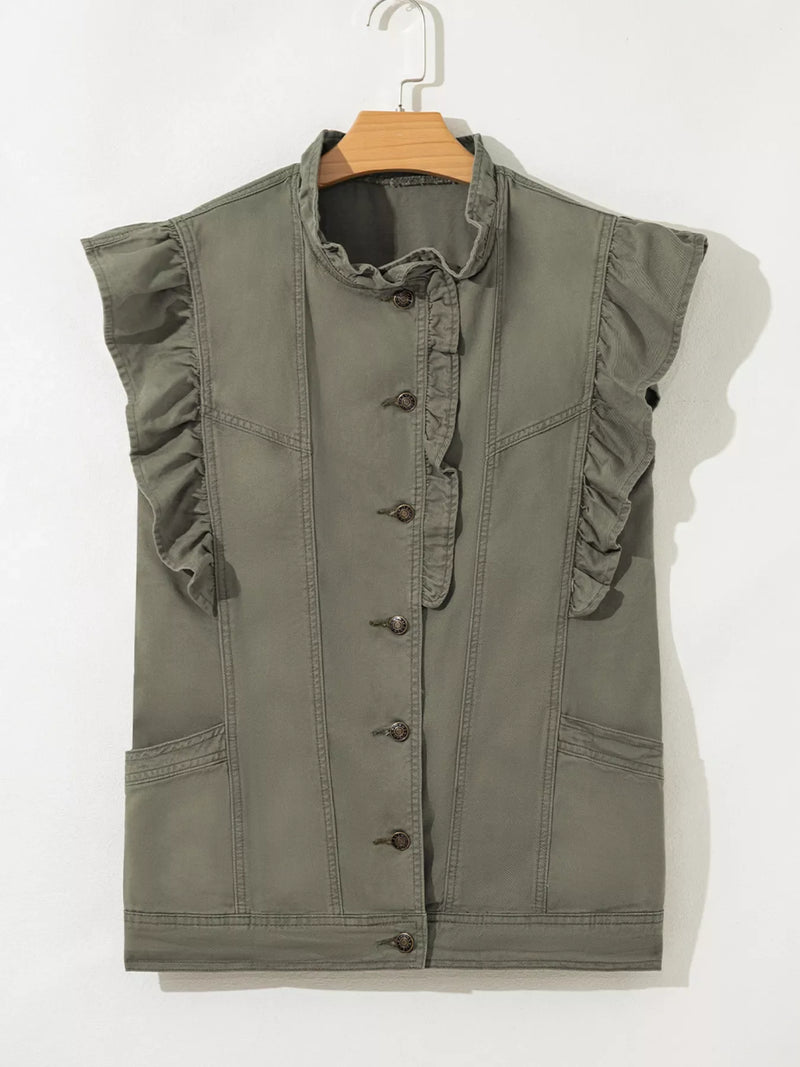 Ruffled Patchwork Denim Jacket Vest