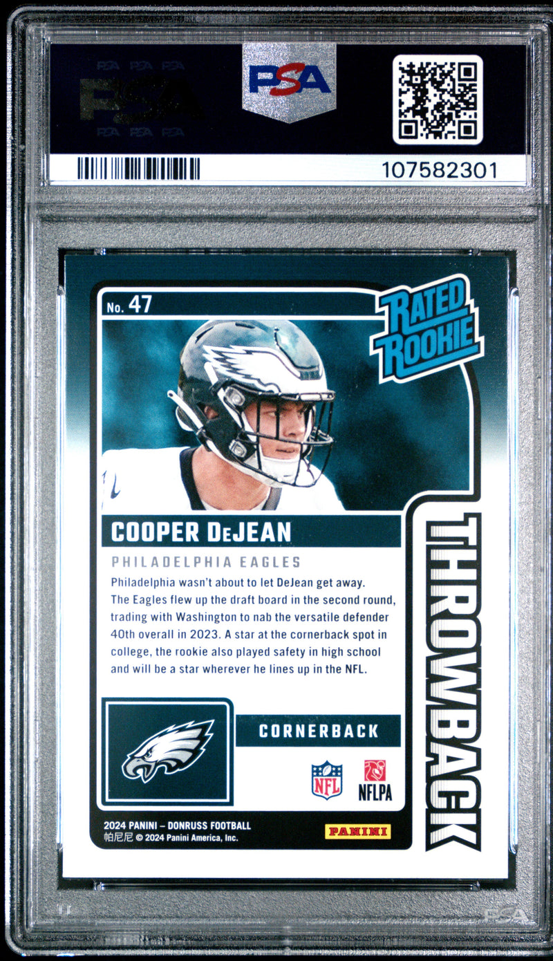 Graded 2024 Panini Donruss Cooper DeJean #47 Rated Rookies Throwback Rookie RC Football Card PSA 10 Gem Mint