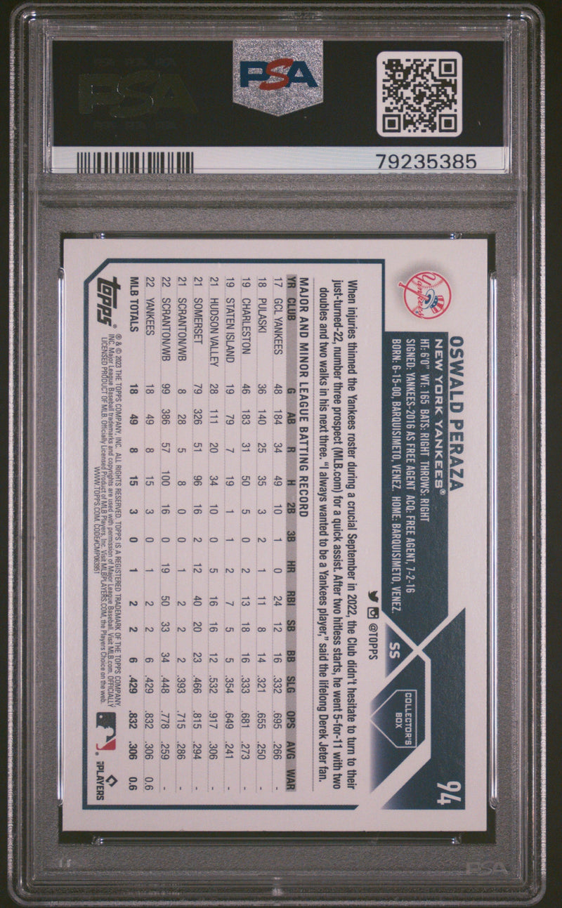 Graded 2023 Topps Oswald Peraza #94 Silver Foil Rookie RC Baseball Card PSA 10 Gem Mint
