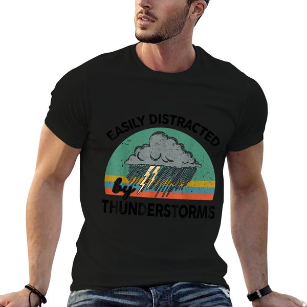 Storm Chaser Love Saying Funny Easily Distracted By Thunderstorms Meteorologist Lover Unisex-Adults Grey Modern Letter Print T B  Ribbed Collar T-Shirt