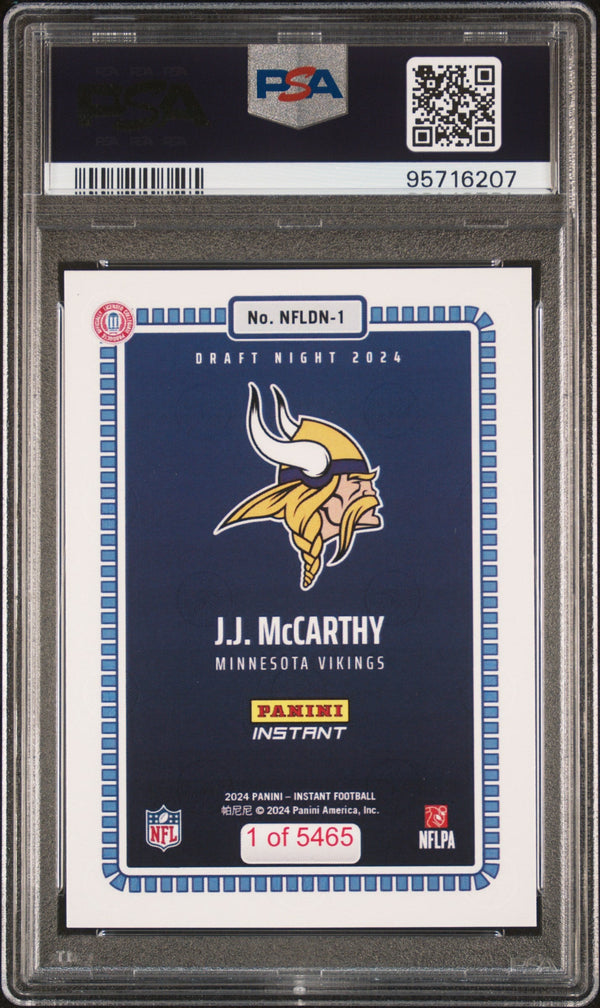 Graded 2024 Panini Instant NFL JJ McCarthy #1 Draft Night Rookie RC Football Card PSA 10 Gem Mint