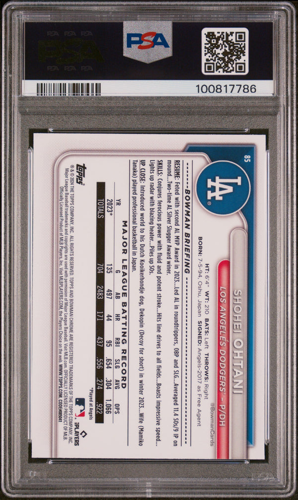 Graded 2024 Topps Bowman Chrome Shohei Ohtani #85 Baseball Card PSA 10 Gem Mint