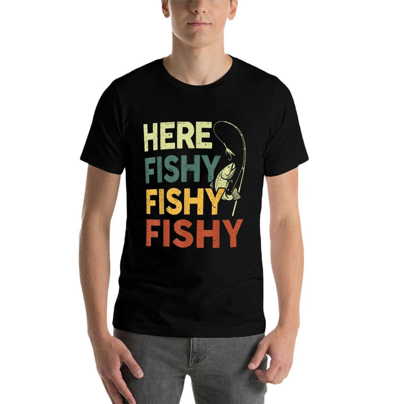Men Here-Fishy Bass Fishing-Shirt Boy Funny Fisherman Dad  Summer-ready Fabric T-Shirt