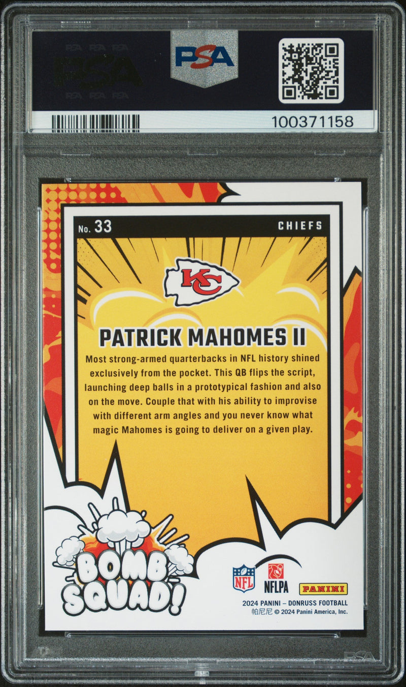Graded 2024 Panini Donruss Patrick Mahomes II #33 Bomb Squad Football Card PSA 10 Gem Mint