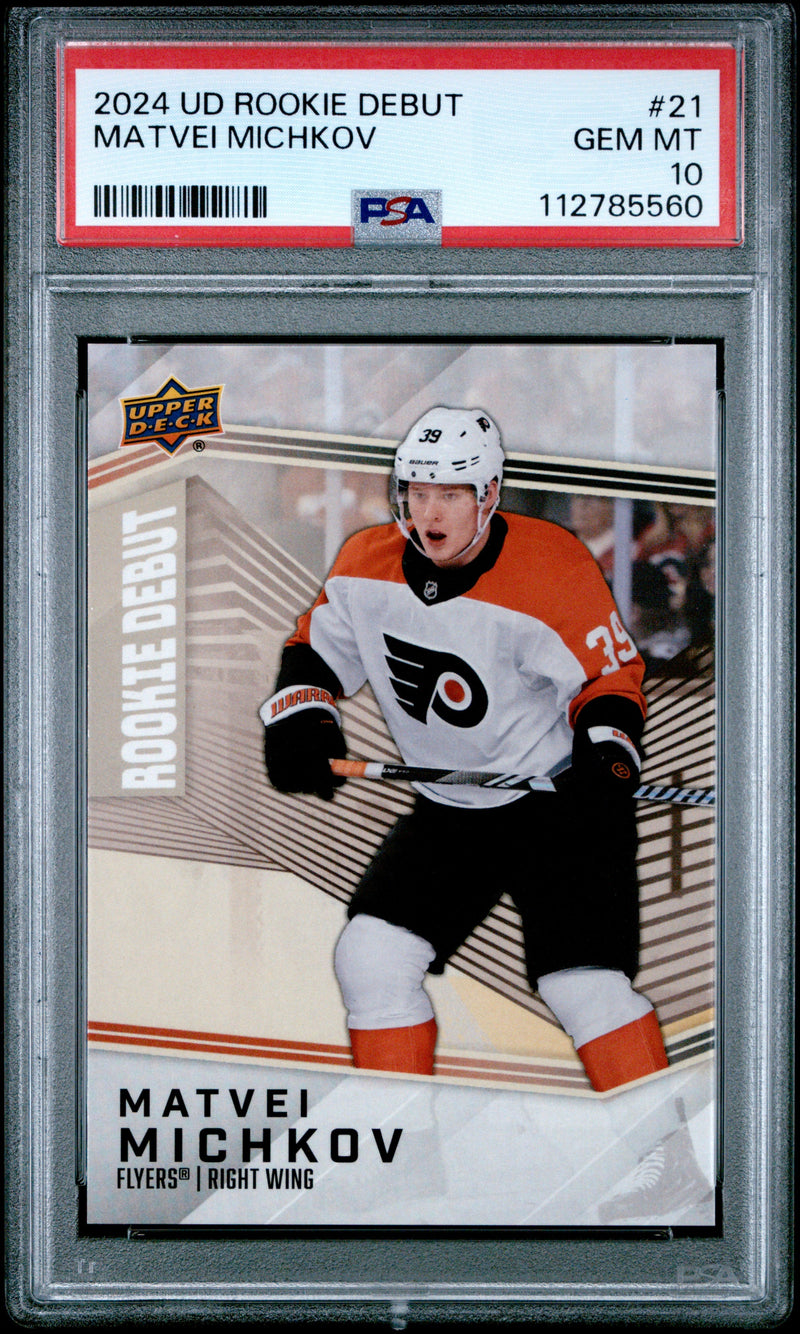 Graded 2024 Upper Deck Rookie Debut Matvei Michkov #21 Rookie RC Hockey Card PSA 10 Gem Mint