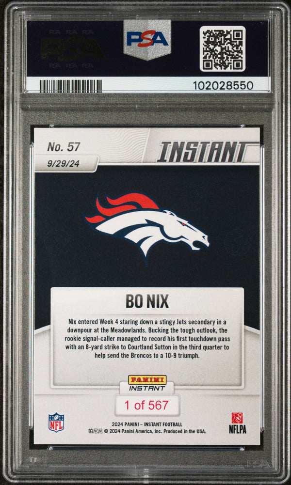 Graded 2024 Panini Instant NFL Bo Nix #57 Rookie RC Football Card PSA 10 Gem Mint