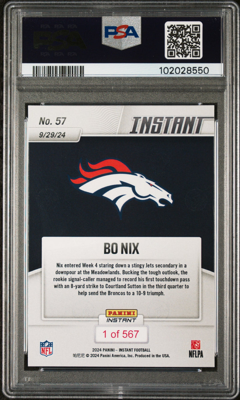 Graded 2024 Panini Instant NFL Bo Nix #57 Rookie RC Football Card PSA 10 Gem Mint