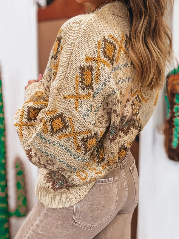Western Pattern Knitted Button V Neck Cardigan Sweater