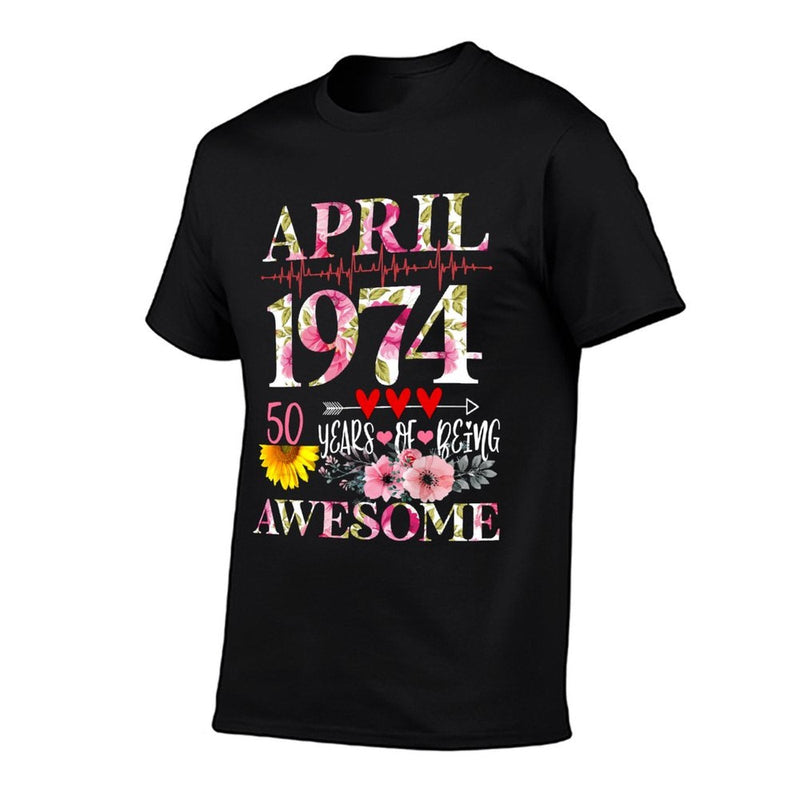 April 1974 Floral 50th Birthday 50 Years Of Being Awesome  Rolled Sleeves T-Shirt