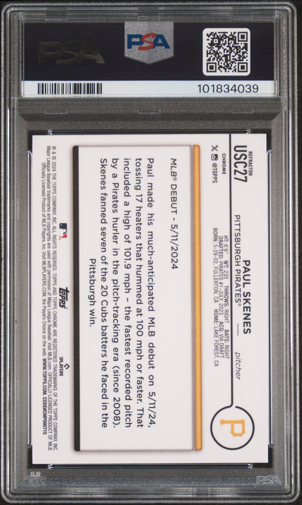 Graded 2024 Topps Chrome Update Paul Skenes #USC27 Refractor Rookie RC Baseball Card PSA 10 Gem Mint