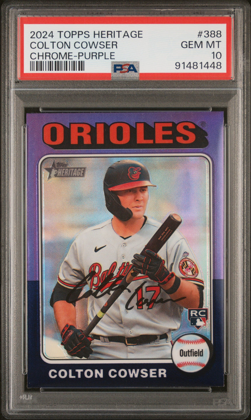 Graded 2024 Topps Heritage Colton Cowser #388 Chrome Purple Rookie RC Baseball Card PSA 10 Gem Mint