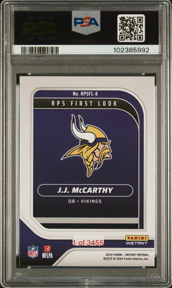 Graded 2024 Panini Instant NFL JJ McCarthy #RPSFL8 RPS First Look Rookie RC Football Card PSA 8 Near Mint