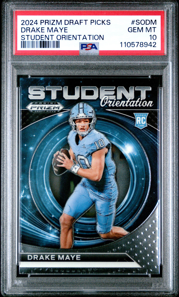 Graded 2024 Panini Prizm Draft Picks Drake Maye #SODM Student Orientation Rookie RC Football Card PSA 10 Gem Mint
