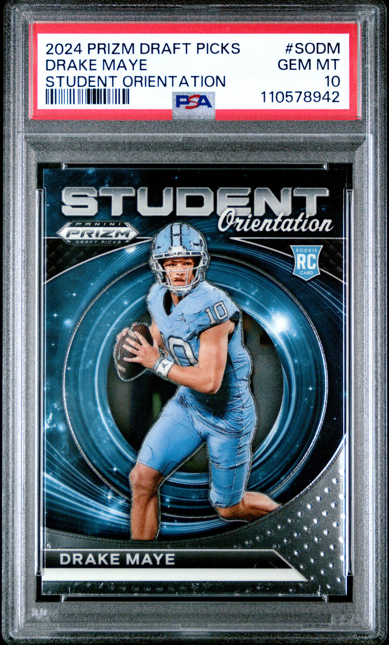 Graded 2024 Panini Prizm Draft Picks Drake Maye #SODM Student Orientation Rookie RC Football Card PSA 10 Gem Mint