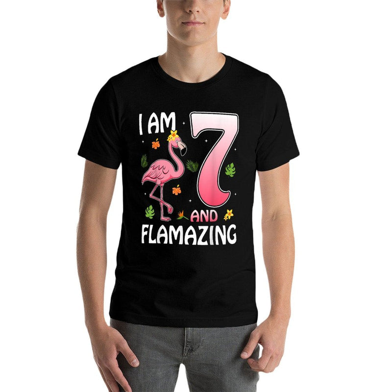 I Am 7 And Flamazing Flamingo Lover 7th Birthday Party Kids  High-quality Stitching T-Shirt