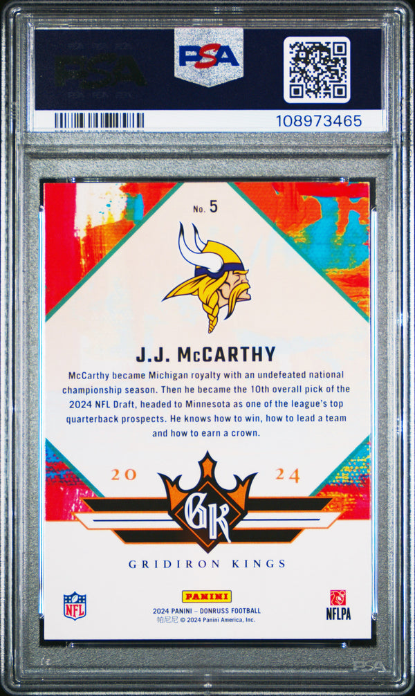 Graded 2024 Panini Donruss JJ McCarthy #5 Rookie Gridiron Kings Rookie RC Football Card PSA 9 Mint