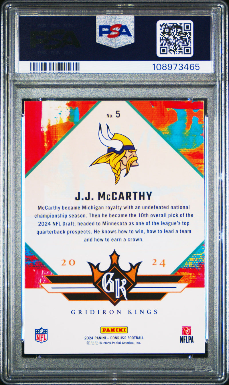 Graded 2024 Panini Donruss JJ McCarthy #5 Rookie Gridiron Kings Rookie RC Football Card PSA 9 Mint