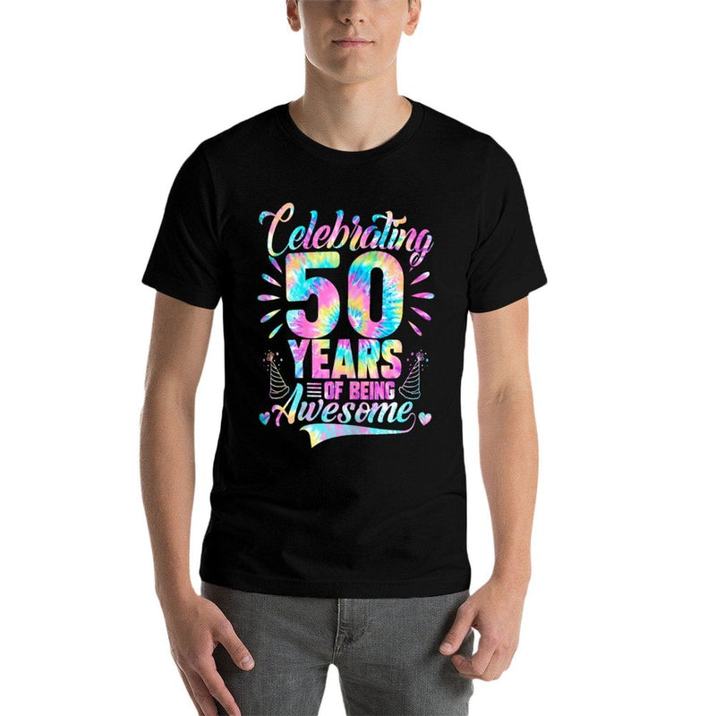 Celebrating 50 Year Of Being Awesome With Tie-dye Graphic  Fade-proof Color T-Shirt