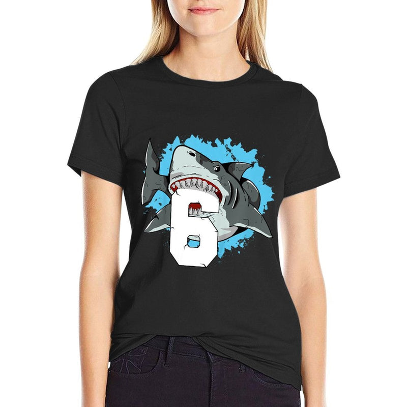 Shark 6th Birthday Boy 6 Six Shark Theme Party  Ribbed Collar T-Shirt