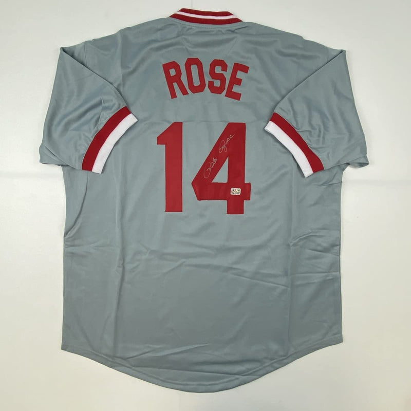 Autographed/Signed Pete Rose Cincinnati Grey Baseball Jersey Athlete Hologram COA Holo