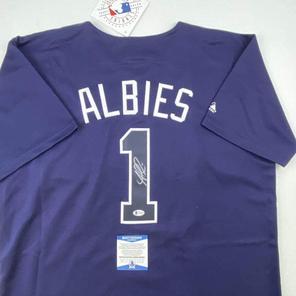 Autographed/Signed Ozzie Albies Atlanta Braves Blue Majestic Baseball Jersey Beckett BAS COA