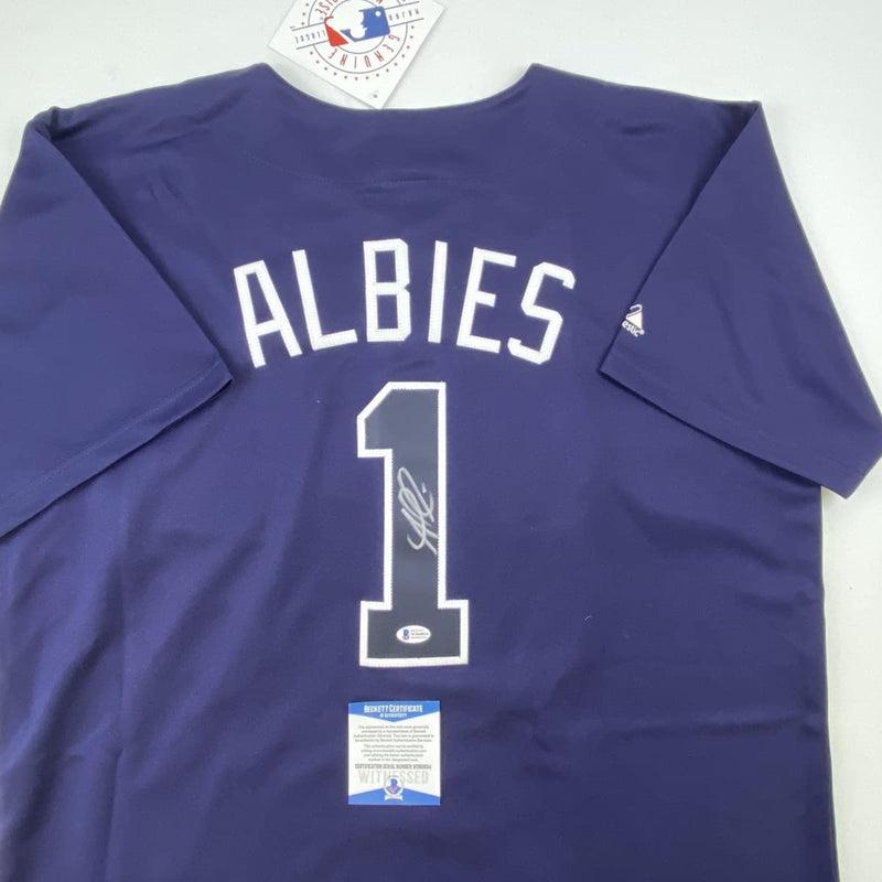 Autographed/Signed Ozzie Albies Atlanta Braves Blue Majestic Baseball Jersey Beckett BAS COA