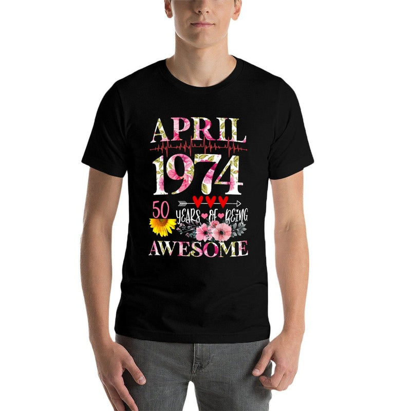 April 1974 Floral 50th Birthday 50 Years Of Being Awesome  Rolled Sleeves T-Shirt