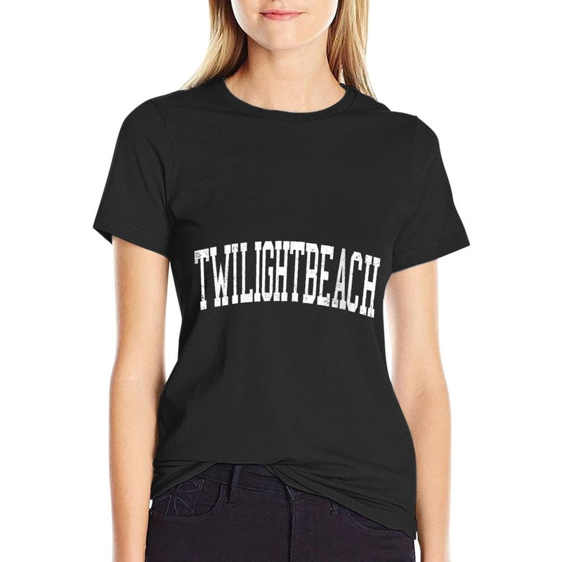 Womens Vintage Twilight Beach Distressed White Varsity Style  Cotton T-Shirt