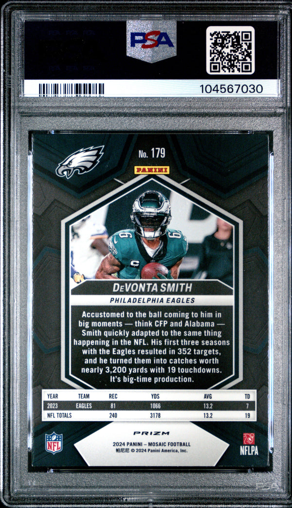 Graded 2024 Panini Mosaic DeVonta Smith #179 Green Football Card PSA 9 Mint