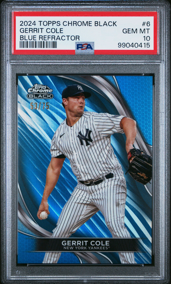 Graded 2024 Topps Chrome Black Gerrit Cole #6 Blue Refractor #/75 Baseball Card PSA 10 Gem Mint