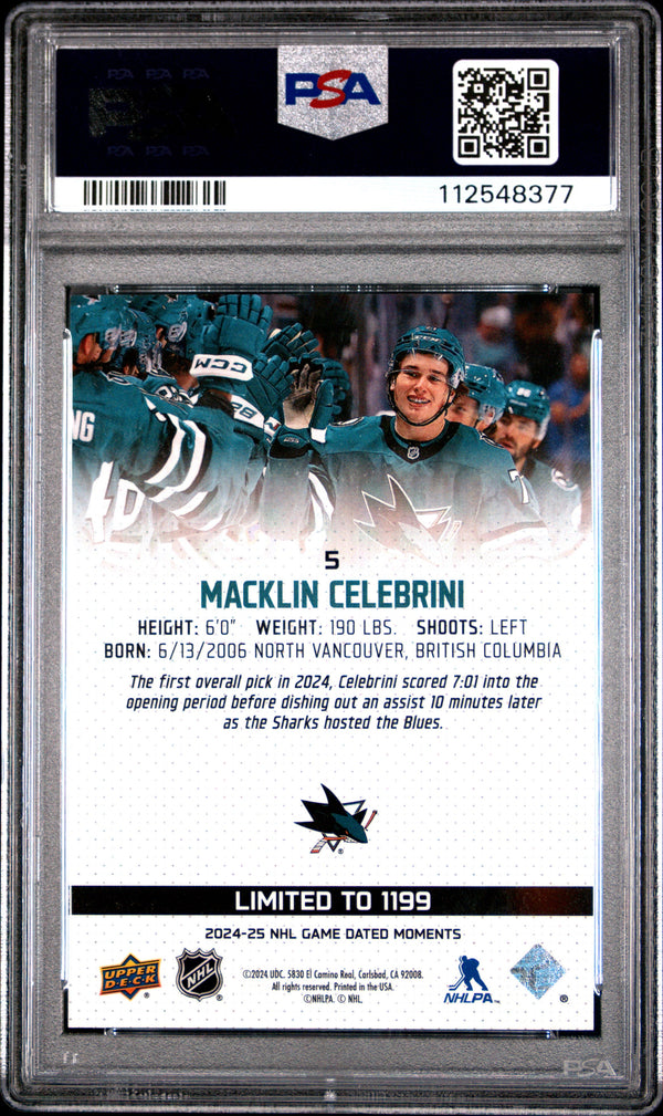 Graded 2024 Upper Deck Macklin Celebrini #5 Game Dated Moments Rookie RC Hockey Card PSA 10 Gem Mint